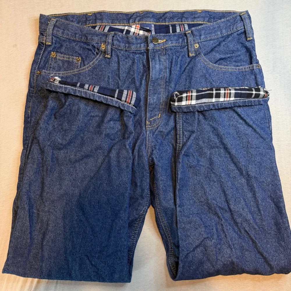 Rural King Mens Flannel Lined Jeans 38x30 Blue Denim Plaid Insulated Work Pants